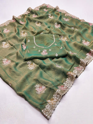 Green Shimmer Saree with Embroidered Floral Design and Detailed Craft Finish - Image 2