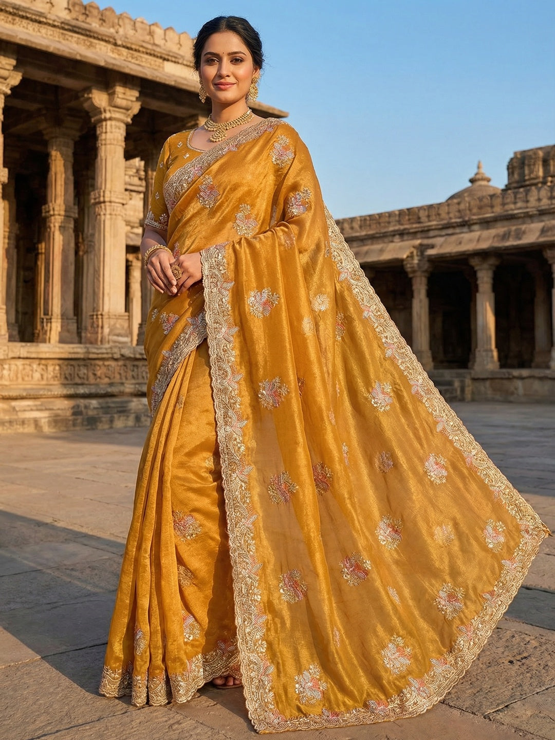 Mustard Shimmer Saree with Embroidered Floral Design and Detailed Craft Finish - Image 1