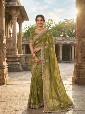 Mehendi Green Shimmer Saree with Embroidered Floral Design and Detailed Craft Finish - Image 1