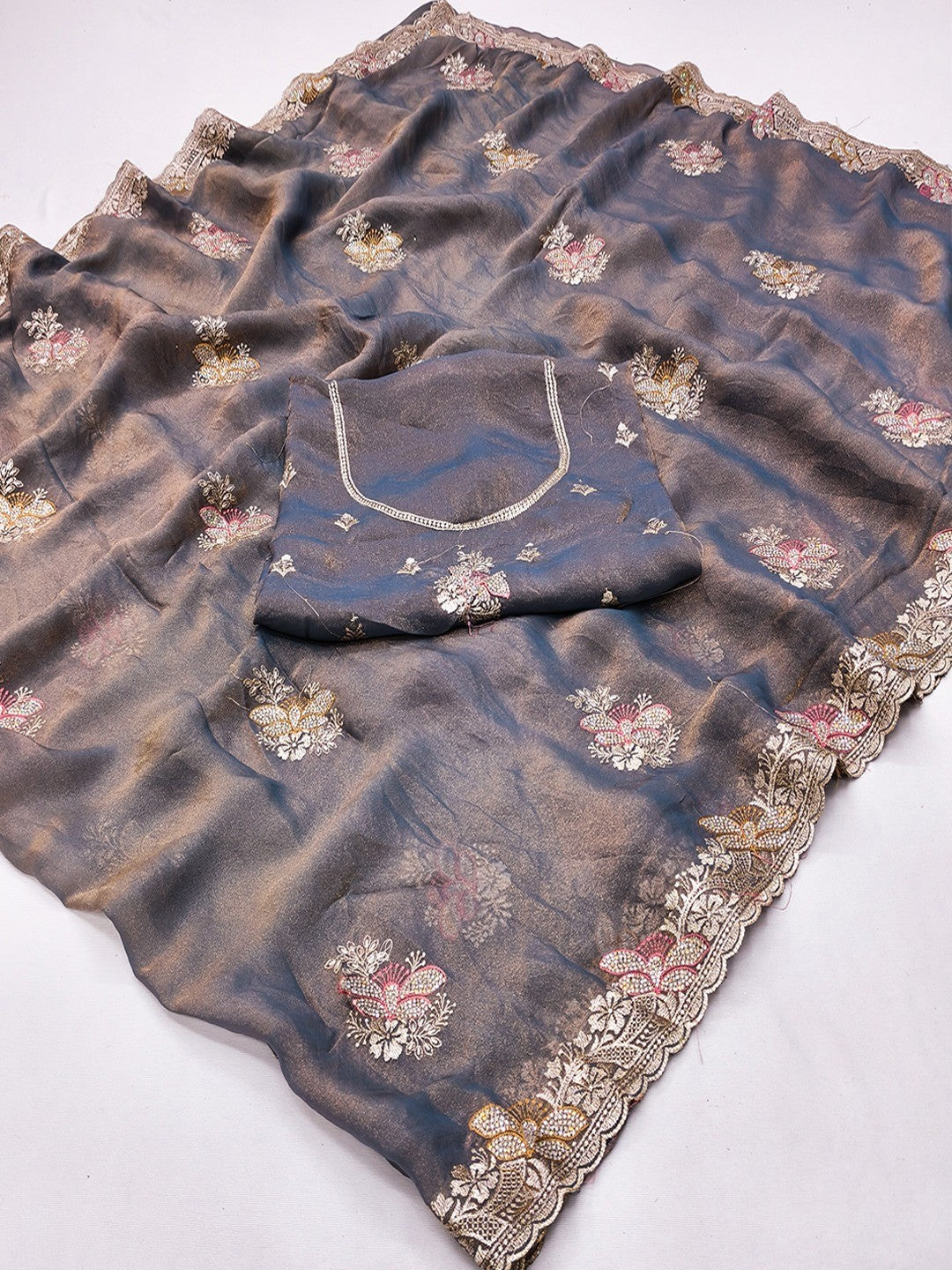 Grey Shimmer Saree with Embroidered Floral Design and Detailed Craft Finish - Image 2