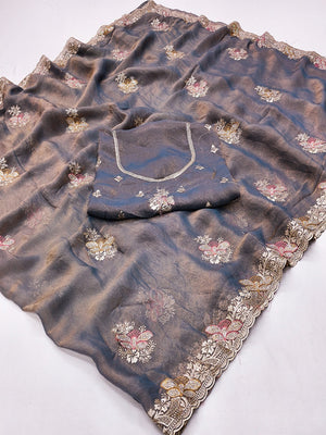Grey Shimmer Saree with Embroidered Floral Design and Detailed Craft Finish - Image 2