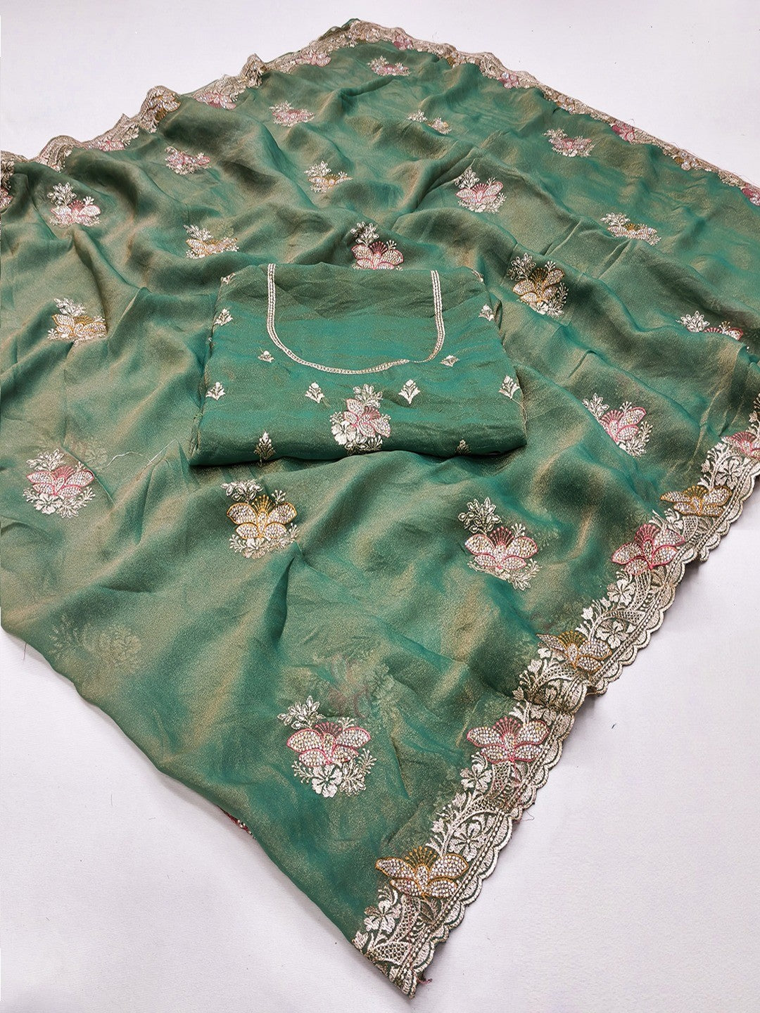 Sea Green Shimmer Saree with Embroidered Floral Design and Detailed Craft Finish - Image 2