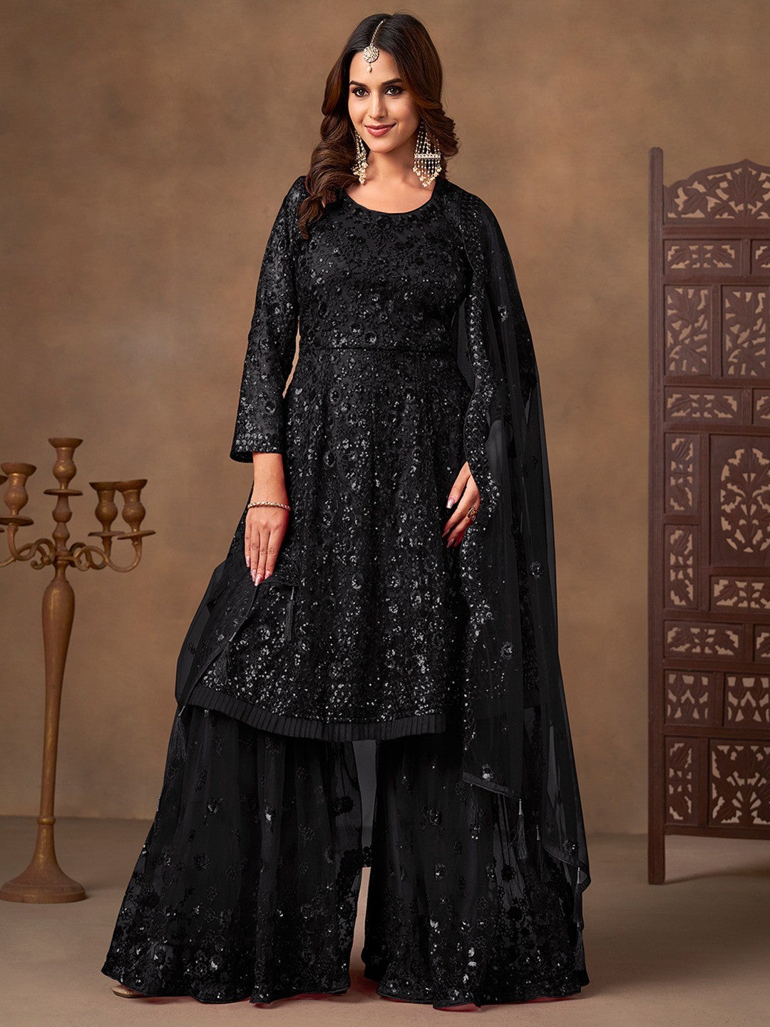 Black Net Embroidered Semi Sticthed Sharara Suit Set with Timeless Embroidery Design - Image 3
