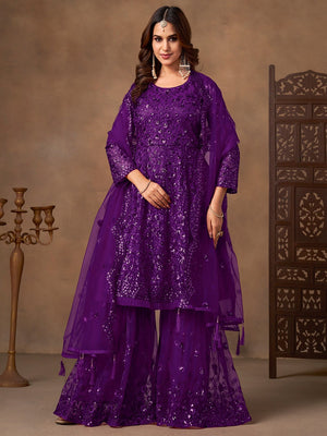 Purple Net Embroidered Semi Sticthed Sharara Suit Set with Timeless Embroidery Design - Image 1