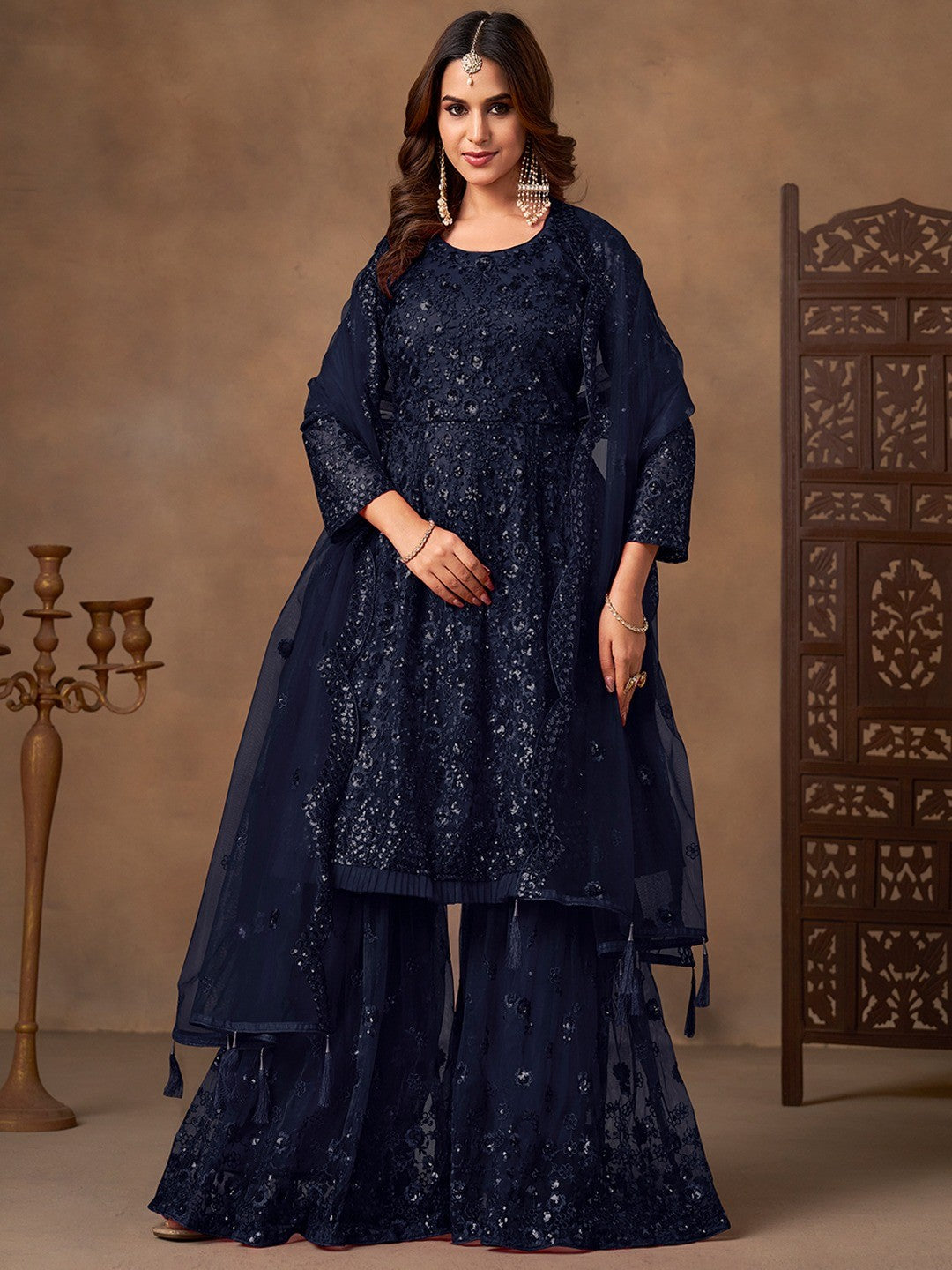 Blue Net Embroidered Semi Sticthed Sharara Suit Set with Timeless Embroidery Design - Image 1