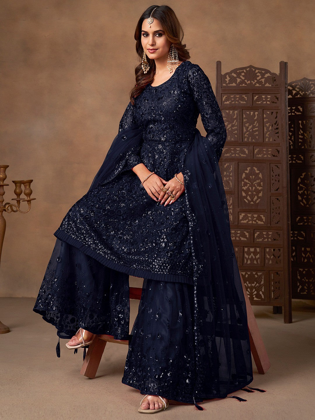 Blue Net Embroidered Semi Sticthed Sharara Suit Set with Timeless Embroidery Design - Image 5