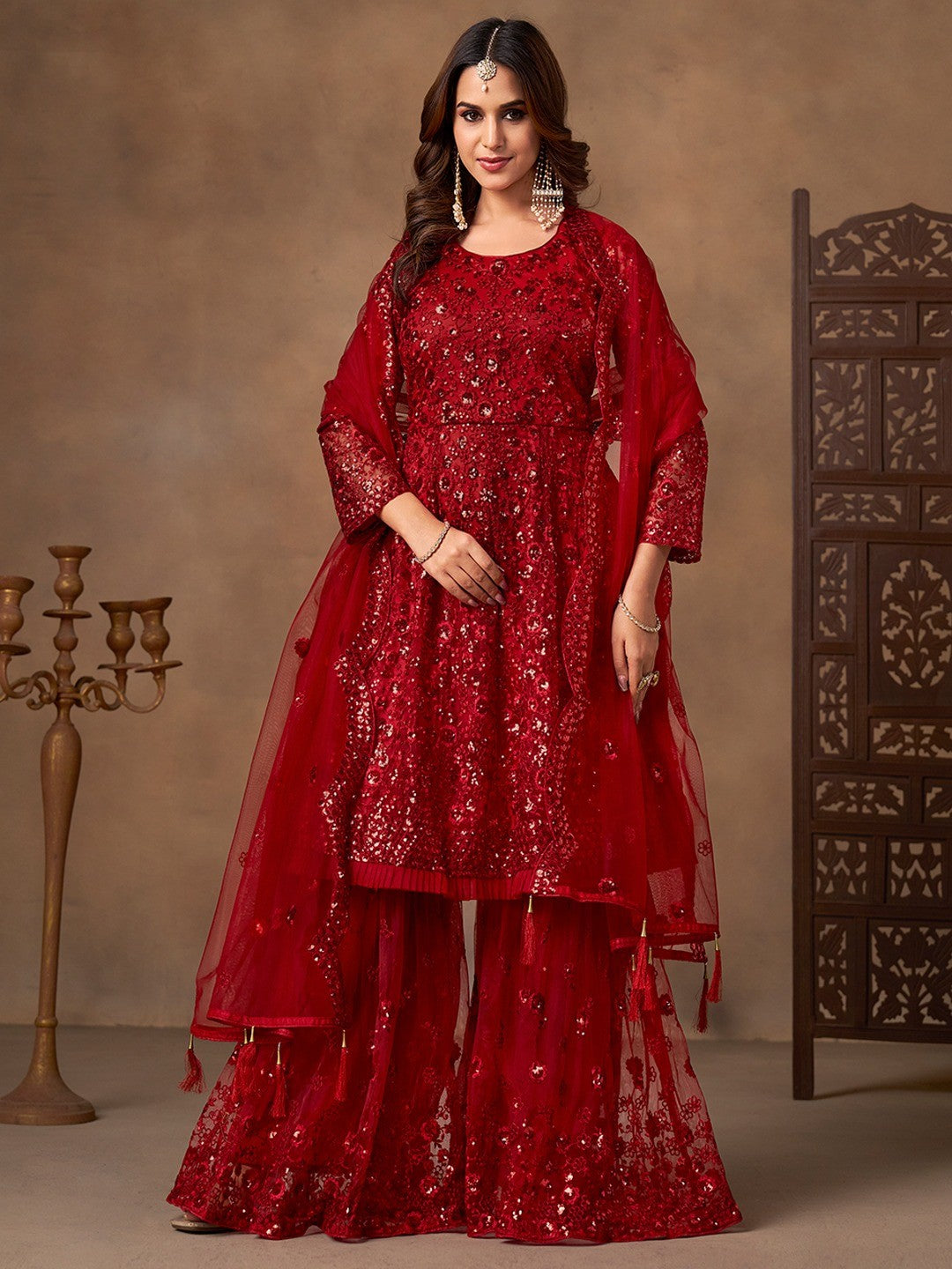 Red Net Embroidered Semi Sticthed Sharara Suit Set with Timeless Embroidery Design - Image 1