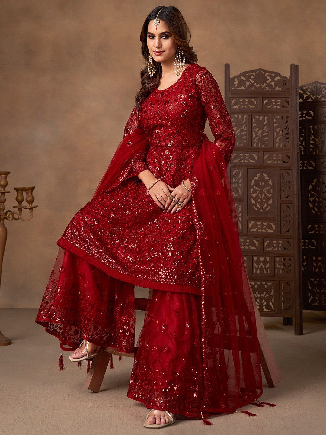 Red Net Embroidered Semi Sticthed Sharara Suit Set with Timeless Embroidery Design - Image 5