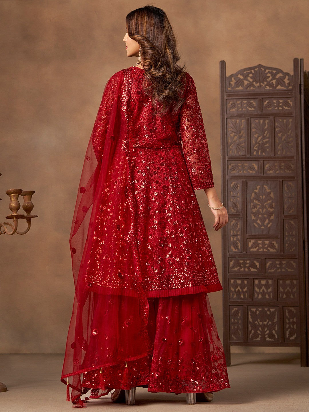 Red Net Embroidered Semi Sticthed Sharara Suit Set with Timeless Embroidery Design - Image 4