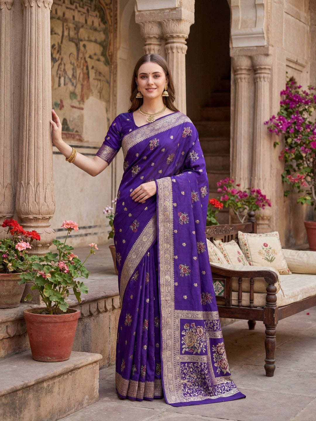 Sophisticated Purple Floral Meenakari Woven Viscose Saree With Subtle Traditional Charm - Image 1