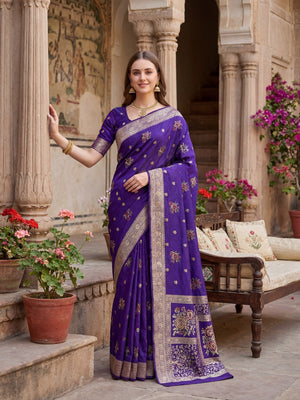 Sophisticated Purple Floral Meenakari Woven Viscose Saree With Subtle Traditional Charm - Image 1