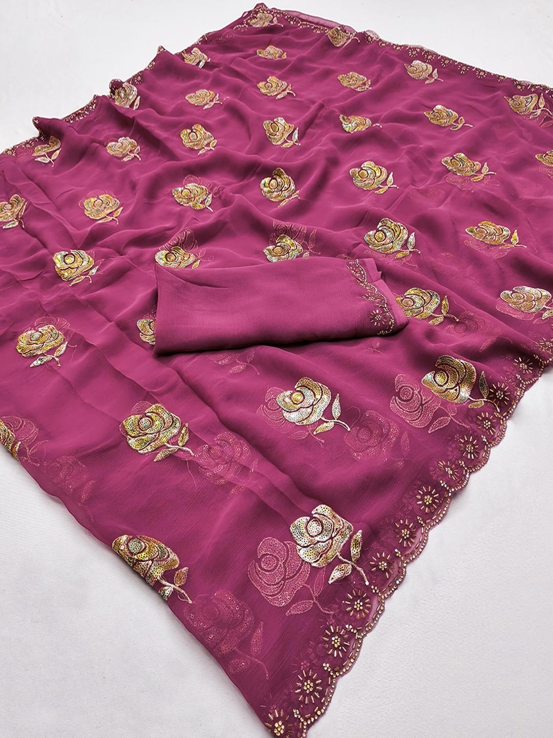 Magenta Chiffon Saree with Floral Embroidery and Stone Work Embellished Border - Image 2