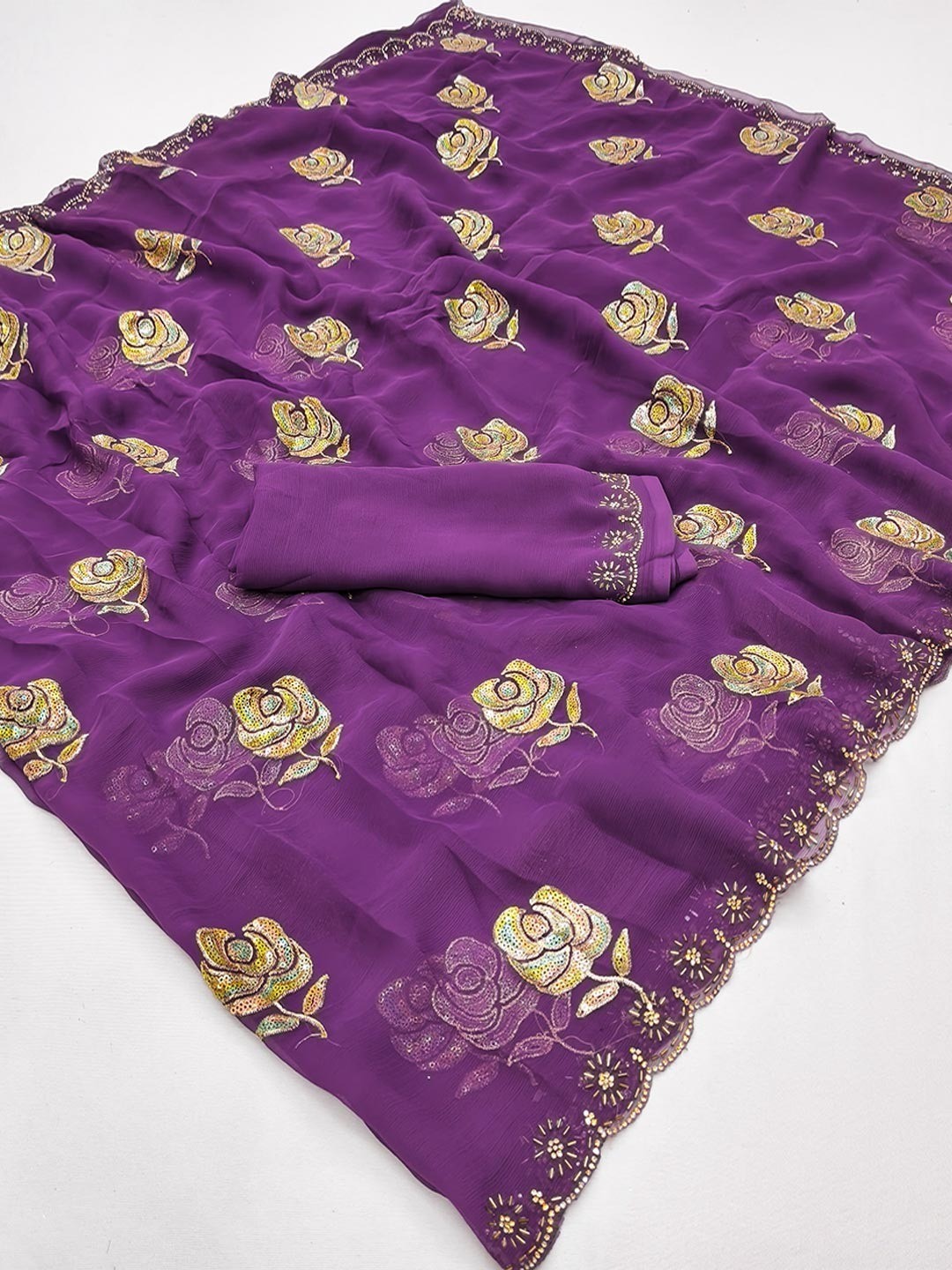 Purple Chiffon Saree with Floral Embroidery and Stone Work Embellished Border - Image 2
