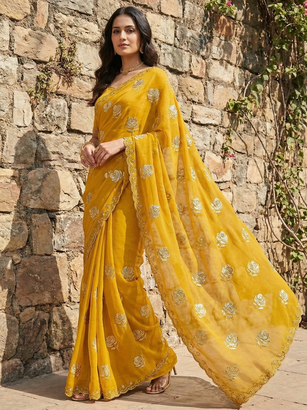 Mustard Chiffon Saree with Floral Embroidery and Stone Work Embellished Border - Image 1