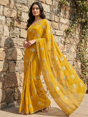 Mustard Chiffon Saree with Floral Embroidery and Stone Work Embellished Border - Image 1
