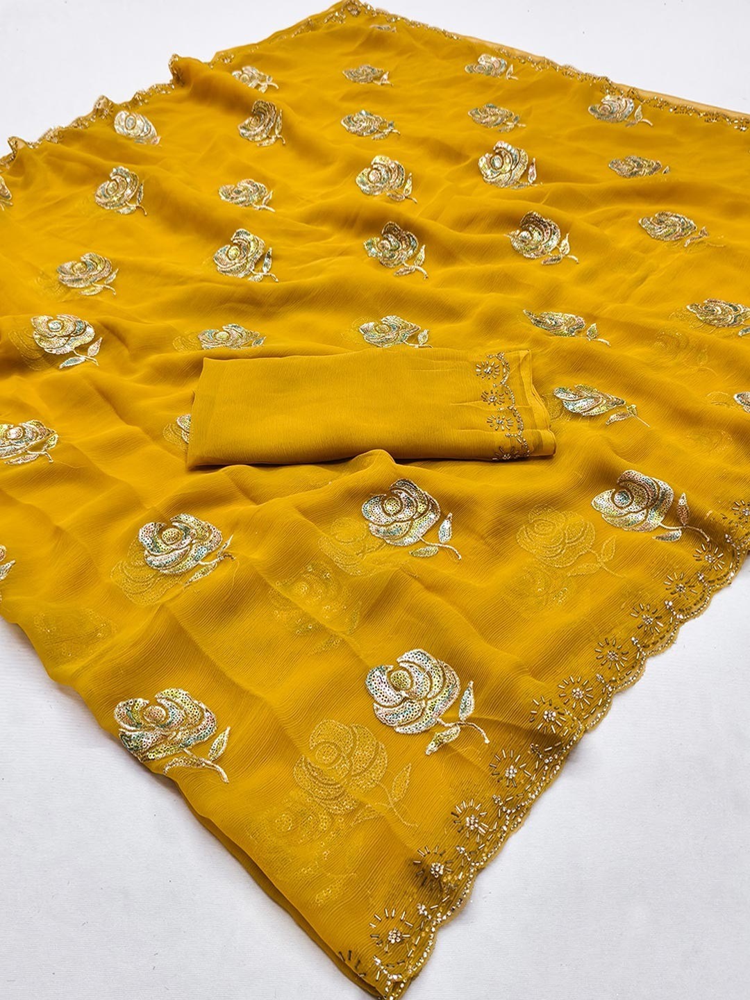Mustard Chiffon Saree with Floral Embroidery and Stone Work Embellished Border - Image 2