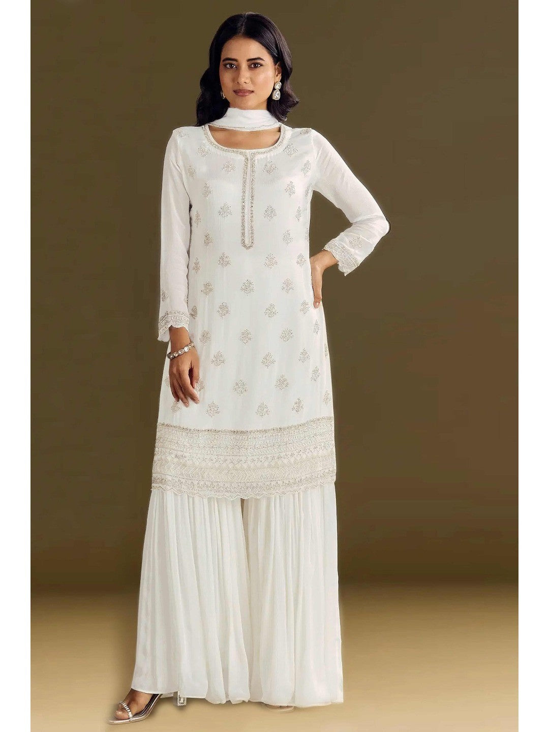Premium White Floral Embroidery With Sequins Work Chinon Semi Stitched Salwar Suit - Image 1