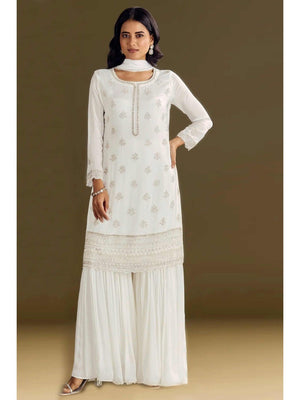 Premium White Floral Embroidery With Sequins Work Chinon Semi Stitched Salwar Suit - Image 1