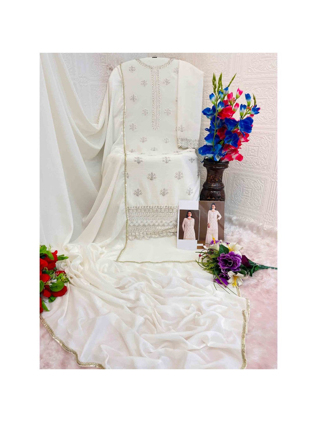 Premium White Floral Embroidery With Sequins Work Chinon Semi Stitched Salwar Suit - Image 2