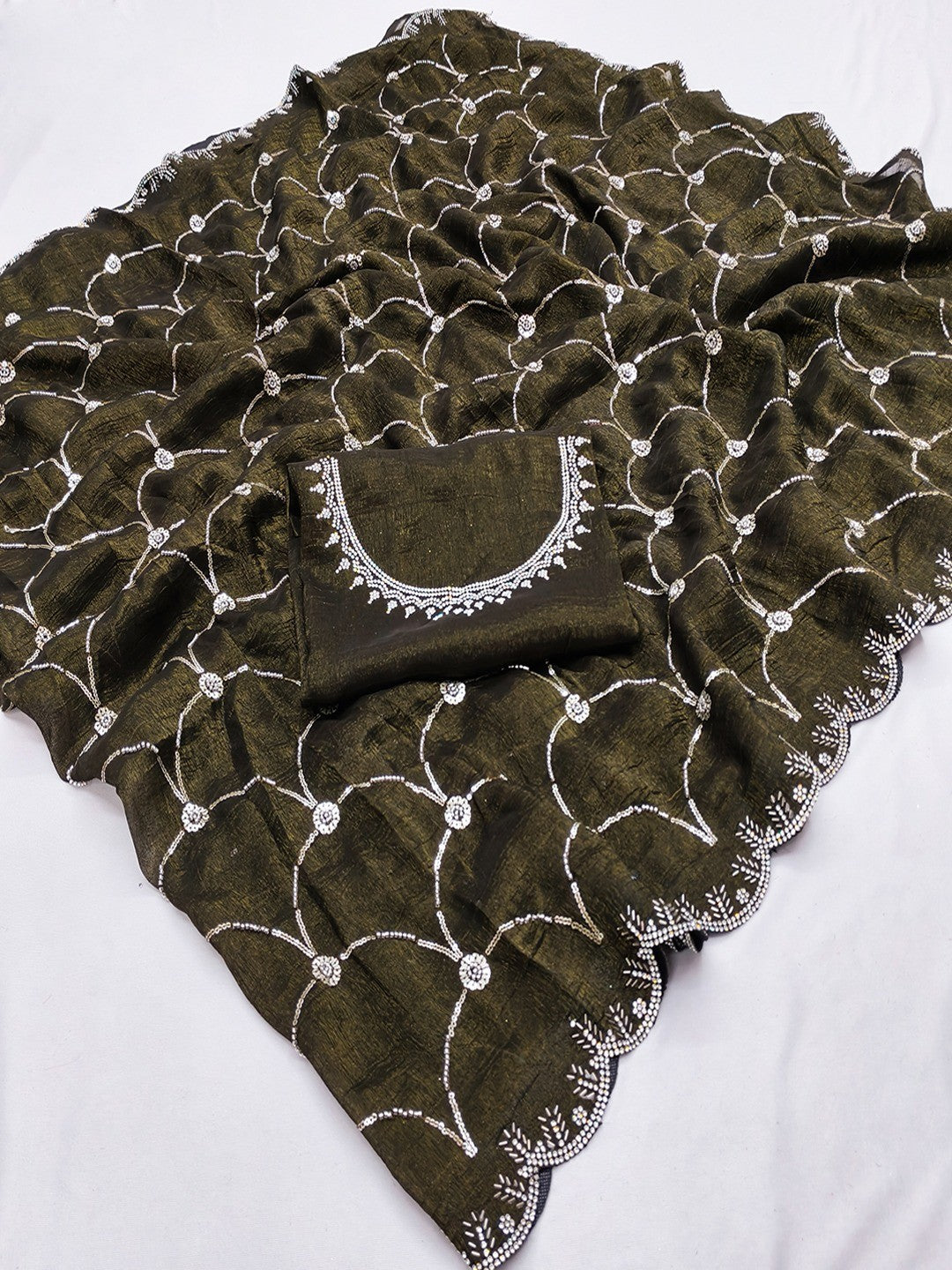 Mehendi Green Chiffon Saree with Delicate Sequins Embellishments and Fine Craft Detailing - Image 2