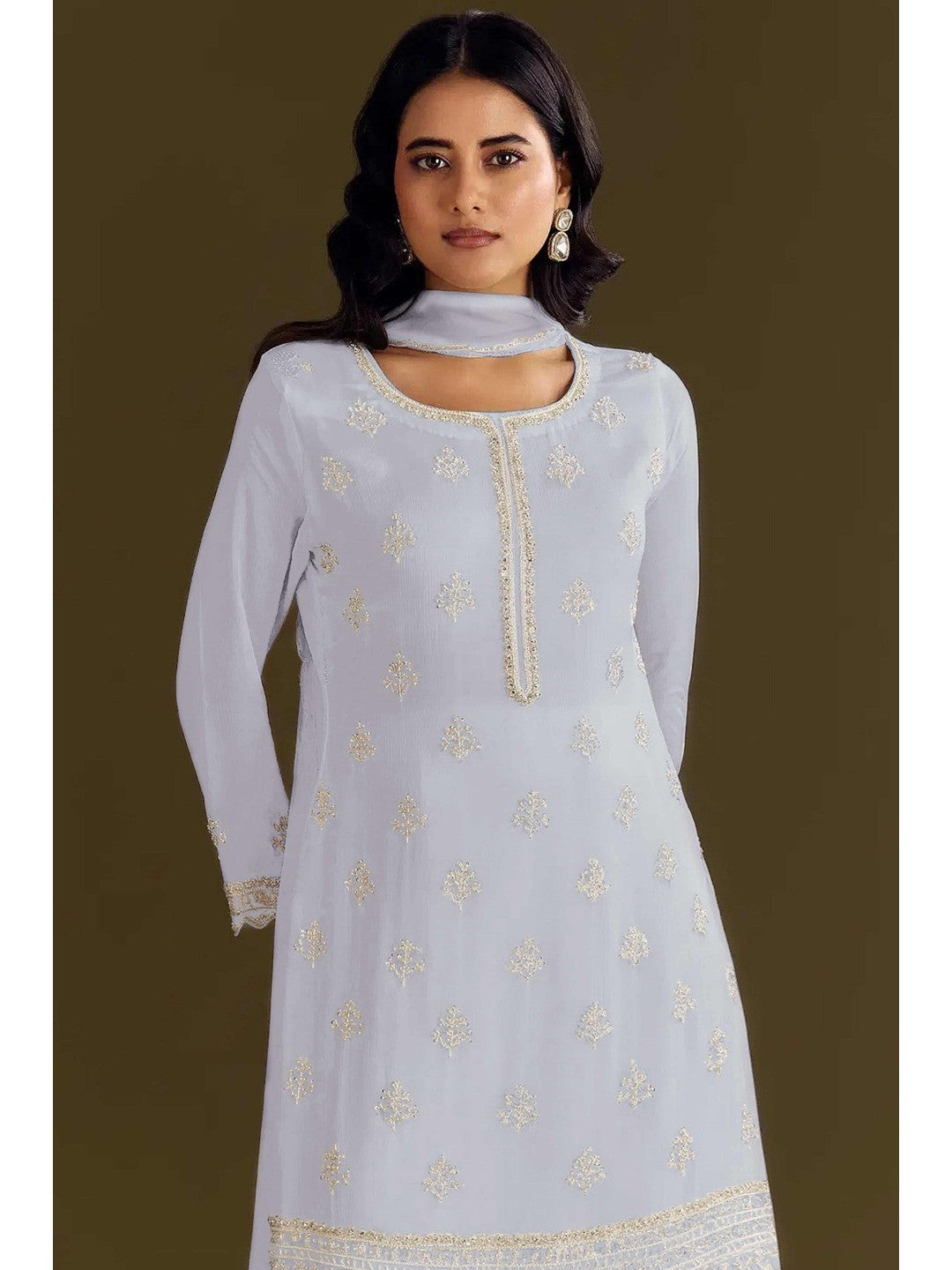 Premium Lavender Floral Embroidery With Sequins Work Chinon Semi Stitched Salwar Suit - Image 3