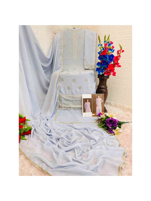 Premium Lavender Floral Embroidery With Sequins Work Chinon Semi Stitched Salwar Suit - Image 2