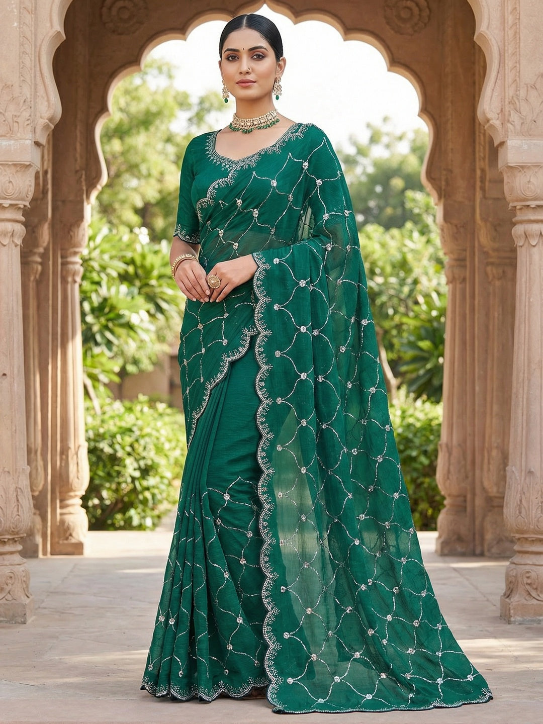 Emerald Green Chiffon Saree with Delicate Sequins Embellishments and Fine Craft Detailing - Image 1