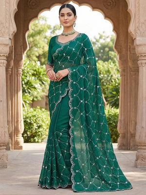 Emerald Green Chiffon Saree with Delicate Sequins Embellishments and Fine Craft Detailing - Image 1