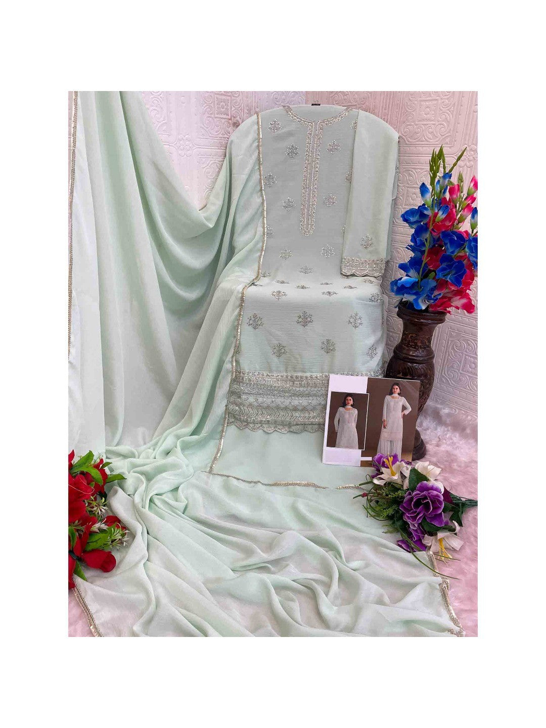 Premium Light Pista Green Floral Embroidery With Sequins Work Chinon Semi Stitched Salwar Suit - Image 2
