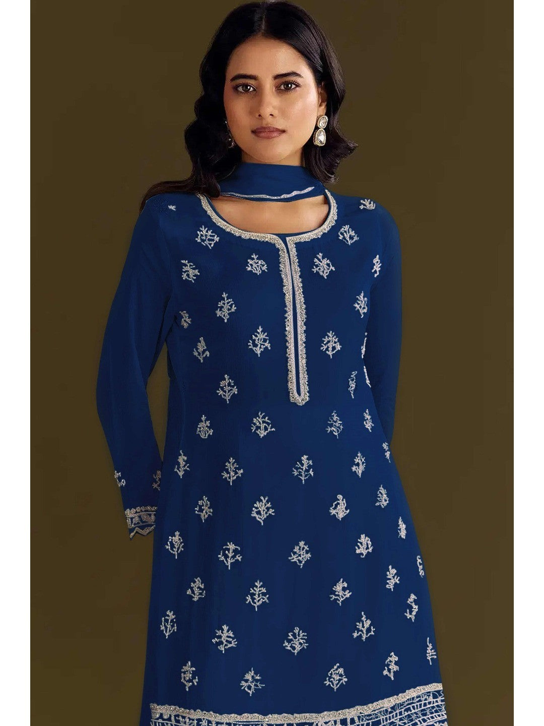 Premium Blue Floral Embroidery With Sequins Work Chinon Semi Stitched Salwar Suit - Image 4