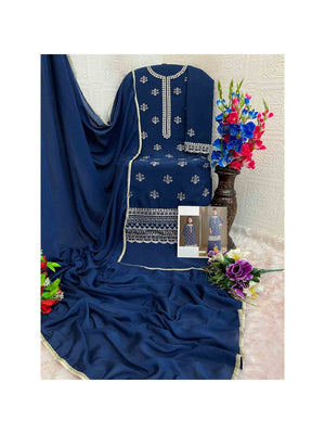 Premium Blue Floral Embroidery With Sequins Work Chinon Semi Stitched Salwar Suit - Image 2