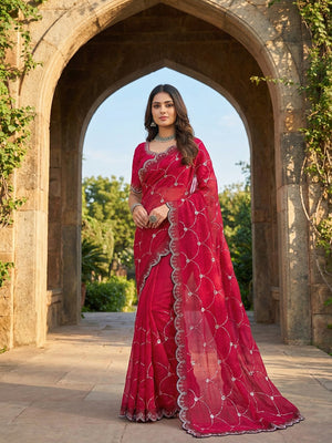 Pink Chiffon Saree with Delicate Sequins Embellishments and Fine Craft Detailing - Image 1