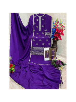Premium Purple Floral Embroidery With Sequins Work Chinon Semi Stitched Salwar Suit - Image 2