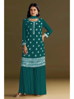 Premium Teal Floral Embroidery With Sequins Work Chinon Semi Stitched Salwar Suit - Image 1