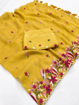 Mustard Shimmer Saree with Floral Embroidery and Elegant Designer Look - Image 2