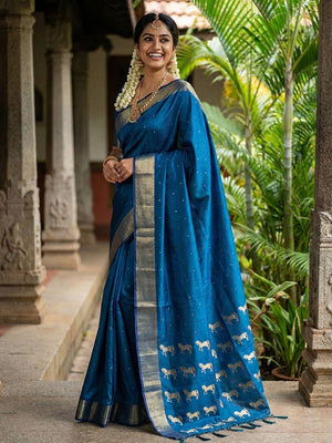 Majestic Blue Horse Motif Woven Soft Silk Blend Saree With Designer Tassel Pallu - Image 1