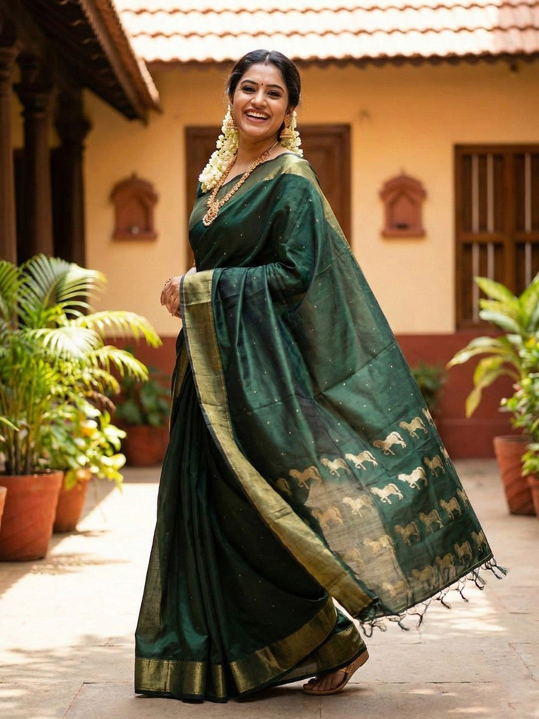 Majestic Bottle Green Horse Motif Woven Soft Silk Blend Saree With Designer Tassel Pallu - Image 3