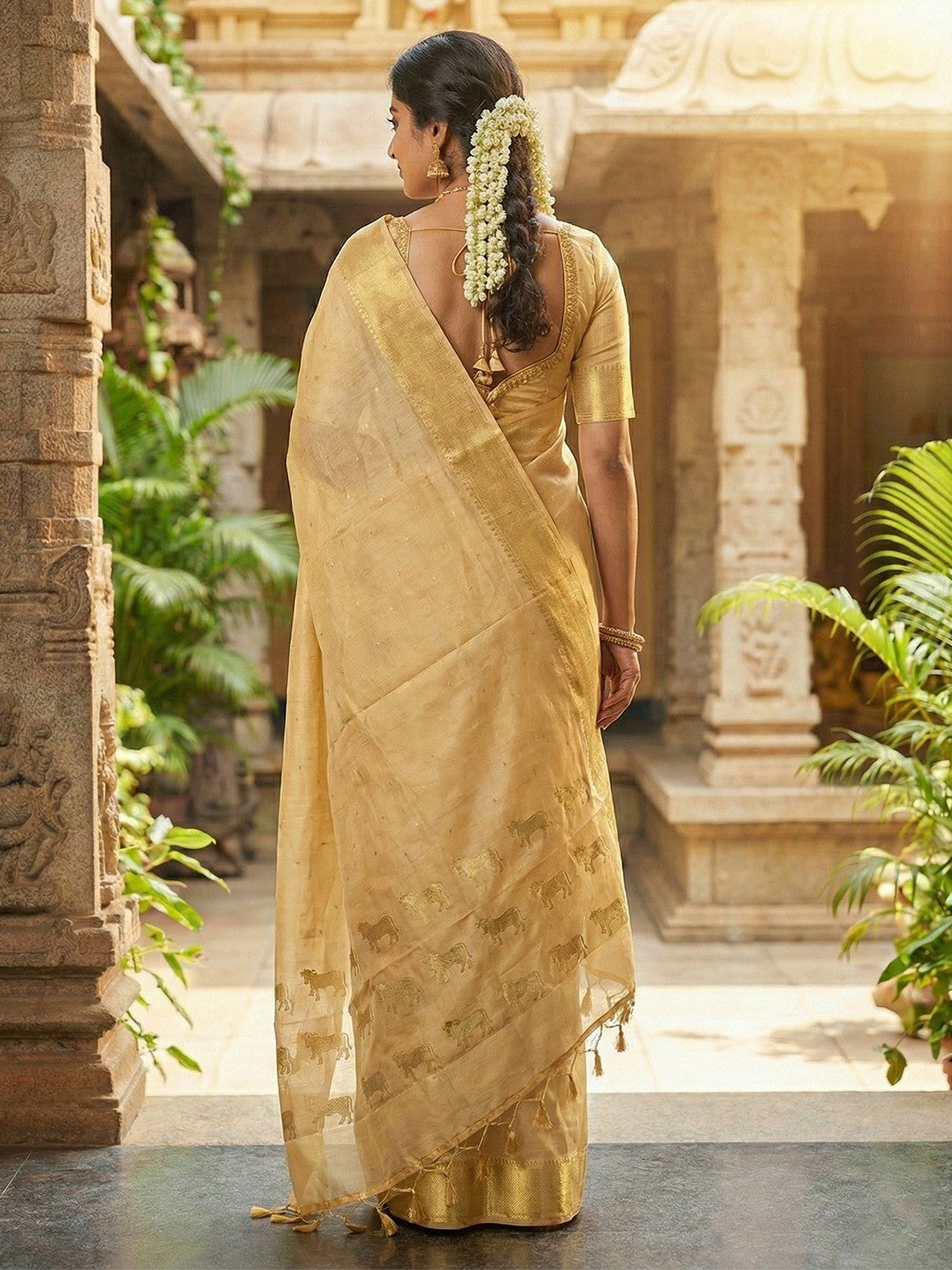 Majestic Beige Horse Motif Woven Soft Silk Blend Saree With Designer Tassel Pallu - Image 3
