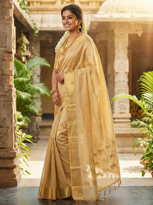 Majestic Beige Horse Motif Woven Soft Silk Blend Saree With Designer Tassel Pallu - Image 2