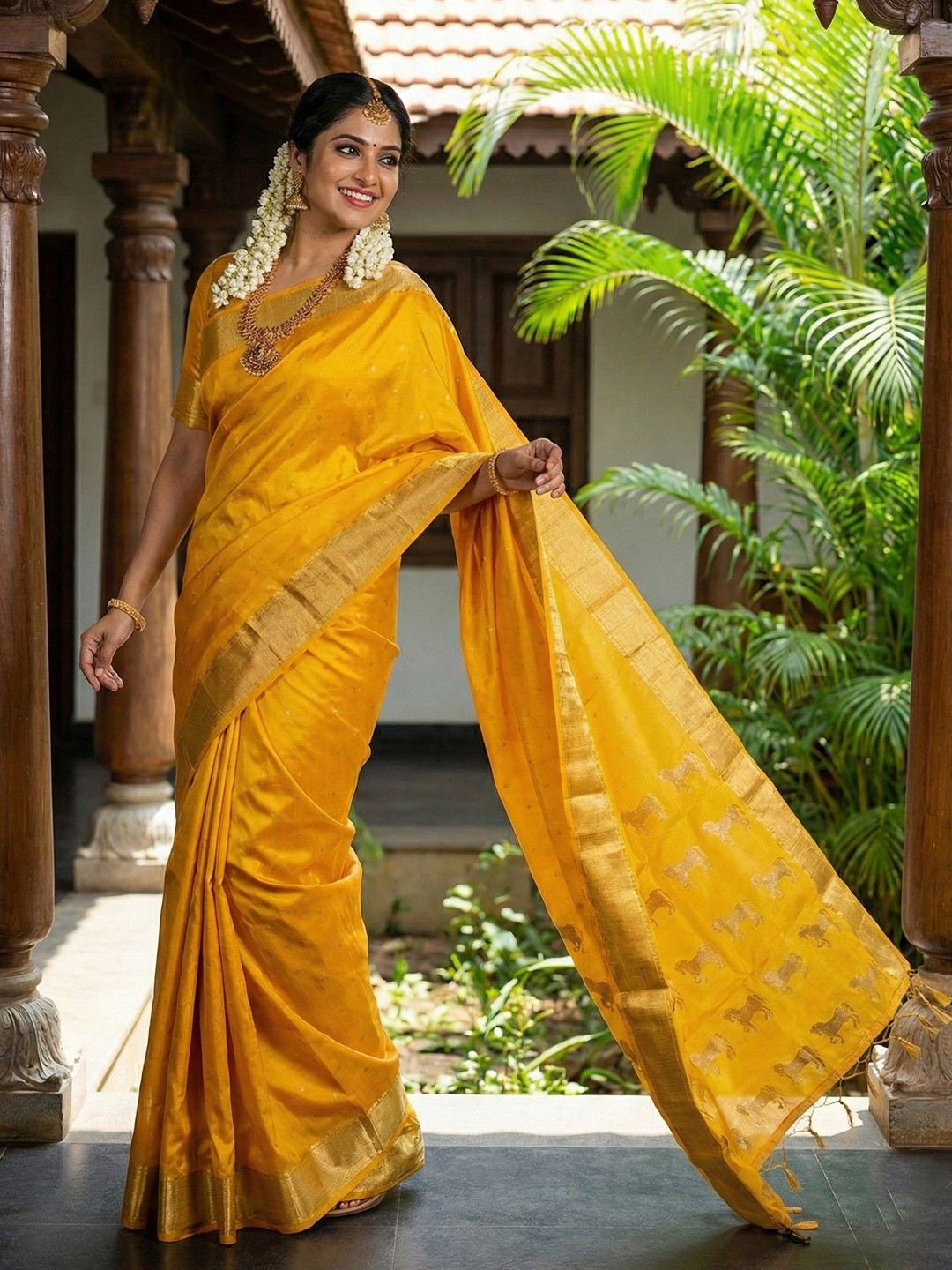 Majestic Mustard Horse Motif Woven Soft Silk Blend Saree With Designer Tassel Pallu - Image 4