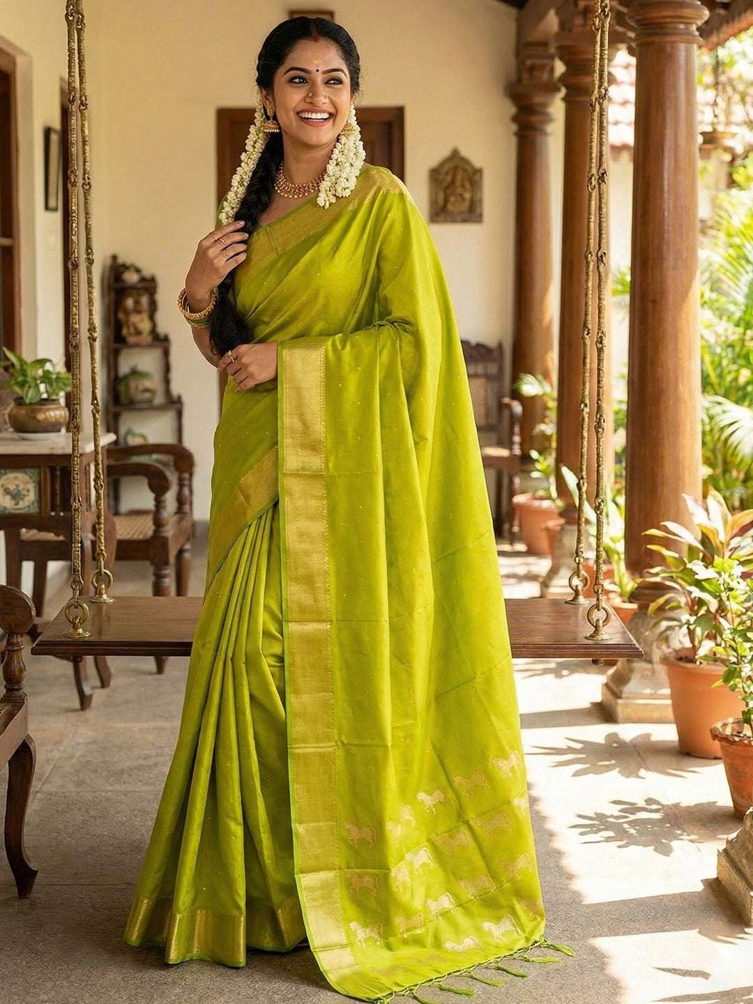 Majestic Parrot Green Horse Motif Woven Soft Silk Blend Saree With Designer Tassel Pallu - Image 1