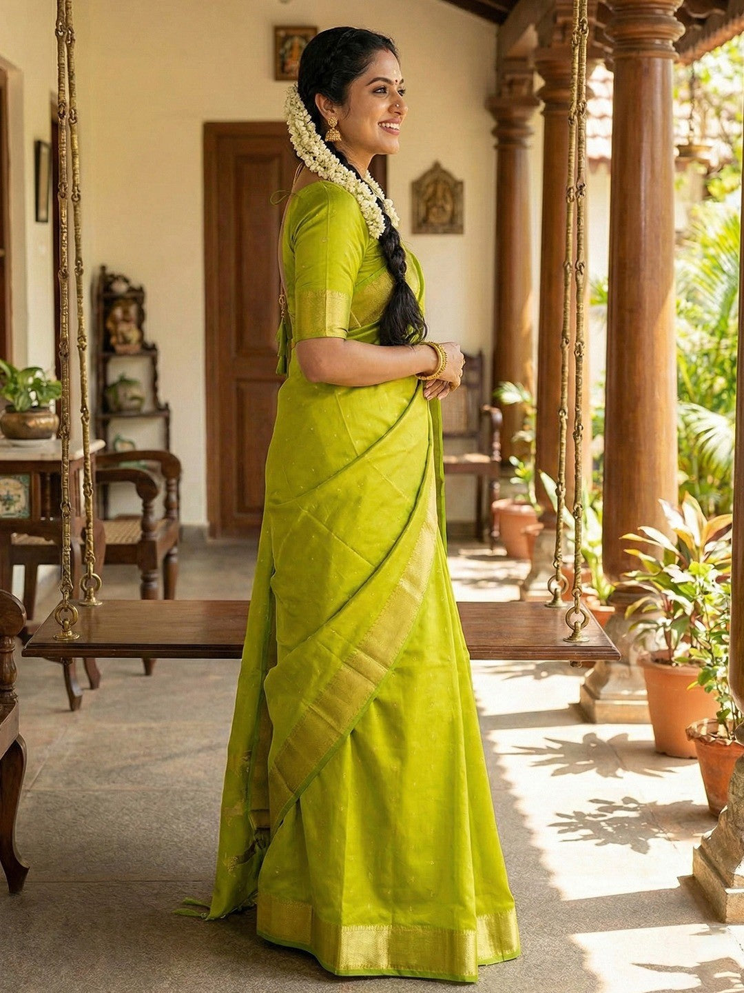 Majestic Parrot Green Horse Motif Woven Soft Silk Blend Saree With Designer Tassel Pallu - Image 3