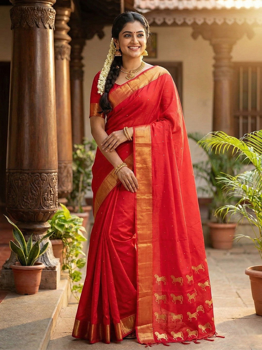 Majestic Red Horse Motif Woven Soft Silk Blend Saree With Designer Tassel Pallu - Image 1