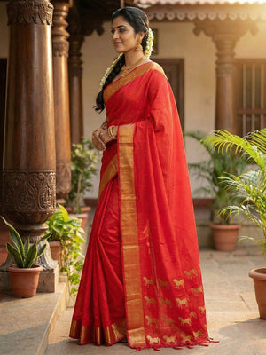 Majestic Red Horse Motif Woven Soft Silk Blend Saree With Designer Tassel Pallu - Image 2