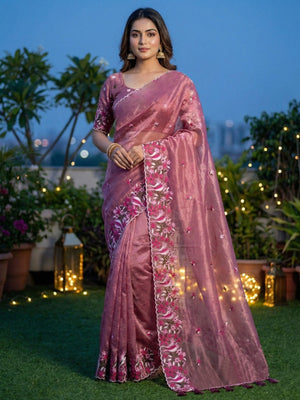 Rose Pink Shimmer Saree with Floral Embroidery and Elegant Designer Look - Image 1