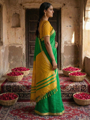 Elegant Green Solid Cotton Blend Saree Highlighted By Woven Border & Tassel Pallu  - Image 2