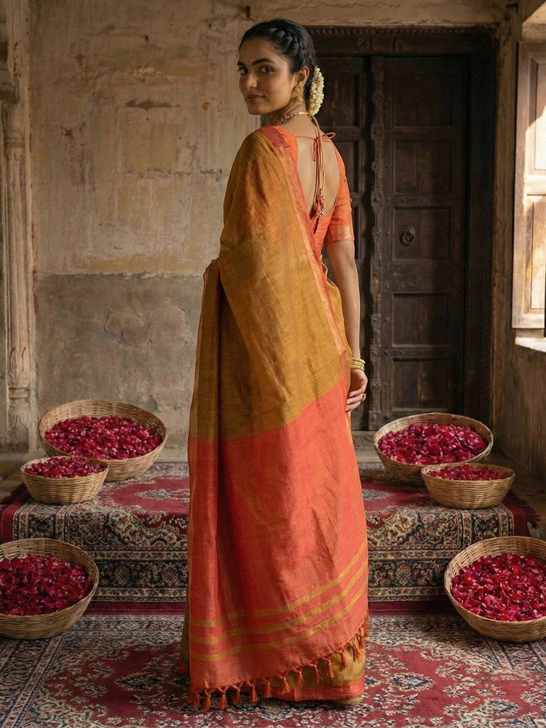 Elegant Brown Solid Cotton Blend Saree Highlighted By Woven Border & Tassel Pallu  - Image 4