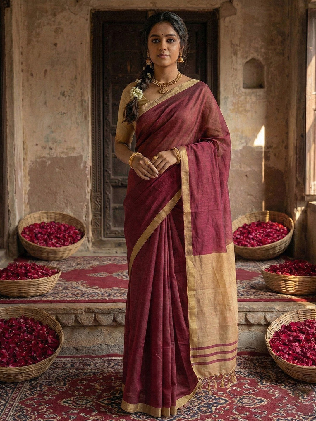 Elegant Wine Solid Cotton Blend Saree Highlighted By Woven Border & Tassel Pallu  - Image 1