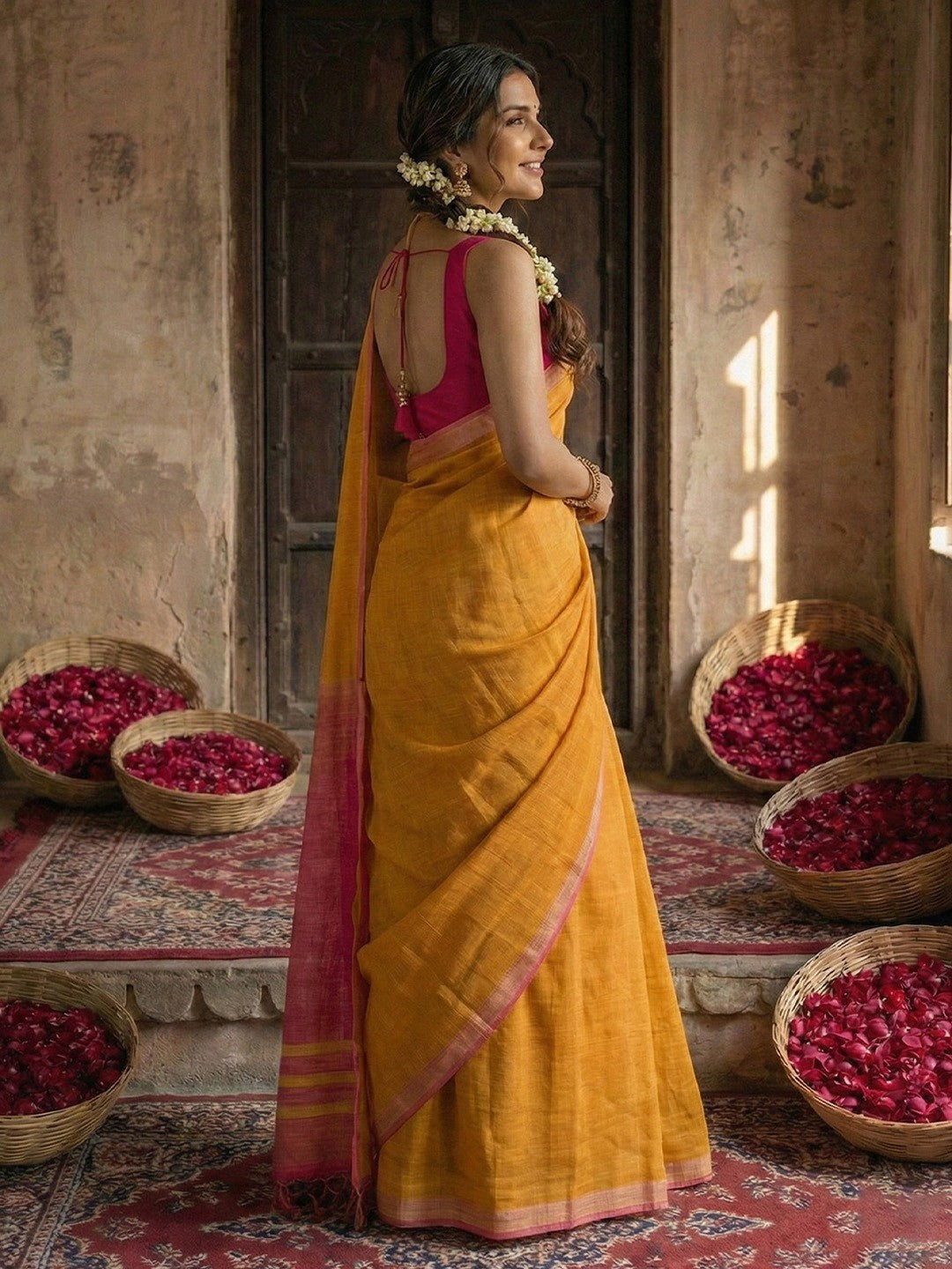 Elegant Mustard Solid Cotton Blend Saree Highlighted By Woven Border & Tassel Pallu  - Image 4