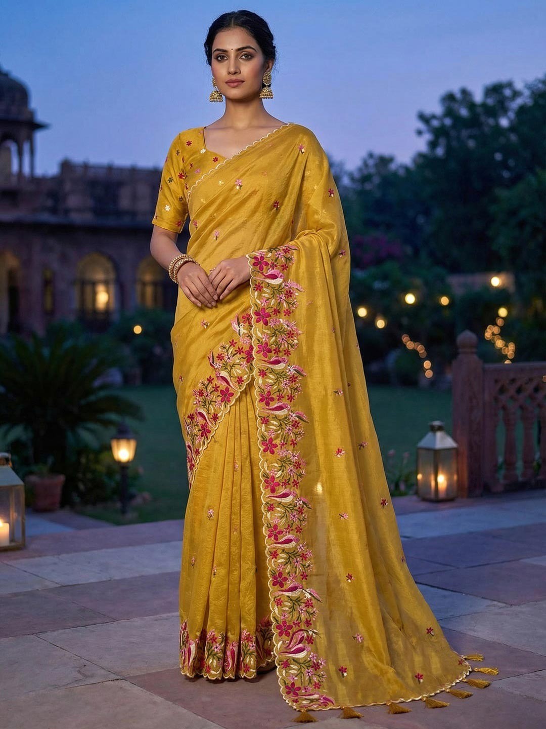 Mustard Shimmer Saree with Floral Embroidery and Elegant Designer Look - Image 1